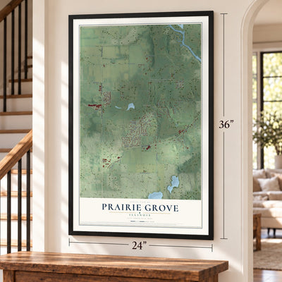 Prairie Grove, Illinois map, 24 x 36 inch print in a black frame by a staircase