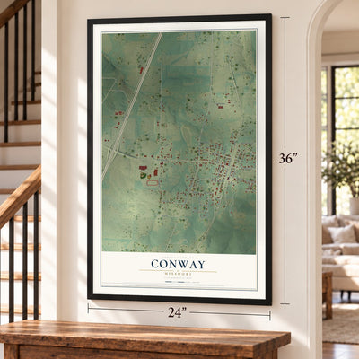 Conway, Missouri map, 24 x 36 inch print in a black frame by a staircase
