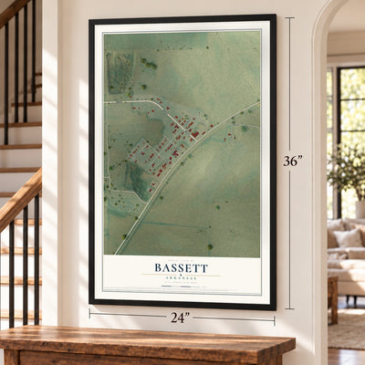 Bassett, Arkansas map, 24 x 36 inch print in a black frame by a staircase