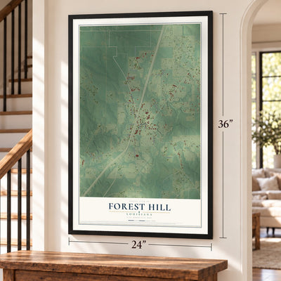 Forest Hill, Louisiana map, 24 x 36 inch print in a black frame by a staircase