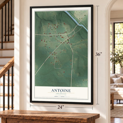 Antoine, Arkansas map, 24 x 36 inch print in a black frame by a staircase