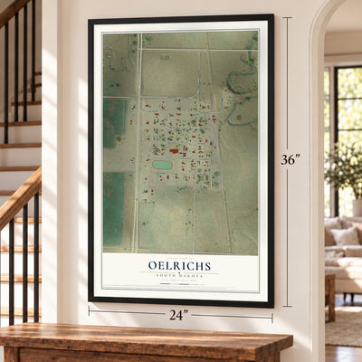 Oelrichs, South Dakota map, 24 x 36 inch print in a black frame by a staircase