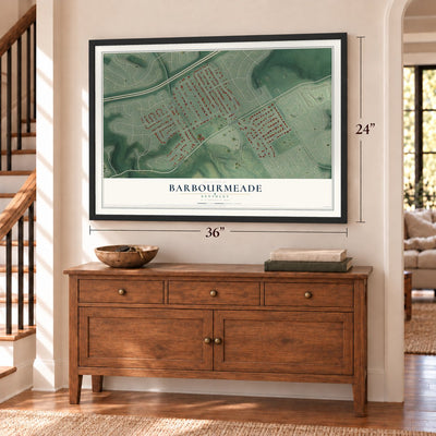 Barbourmeade, Kentucky map, 24 x 36 inch print in a black frame above a dresser by a staircase