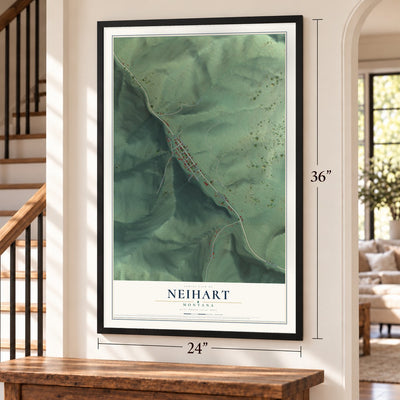 Neihart, Montana map, 24 x 36 inch print in a black frame by a staircase