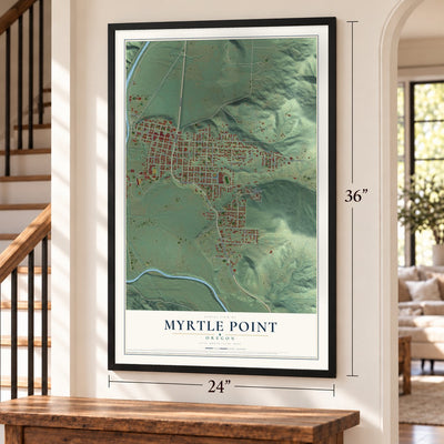 Myrtle Point, Oregon map, 24 x 36 inch print in a black frame by a staircase