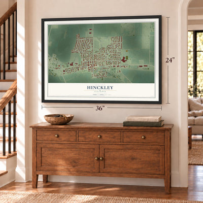 Hinckley, Illinois map, 24 x 36 inch print in a black frame above a dresser by a staircase