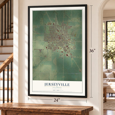Jerseyville, Illinois map, 24 x 36 inch print in a black frame by a staircase