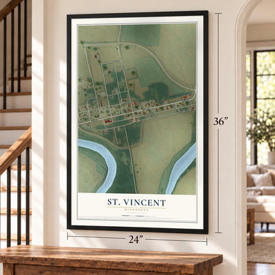 St. Vincent, Minnesota map, 24 x 36 inch print in a black frame by a staircase
