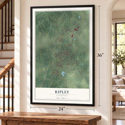 Ripley, Tennessee map, 24 x 36 inch print in a black frame by a staircase