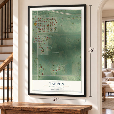 Tappen, North Dakota map, 24 x 36 inch print in a black frame by a staircase