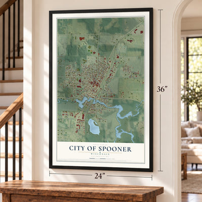 Spooner, Wisconsin map, 24 x 36 inch print in a black frame by a staircase