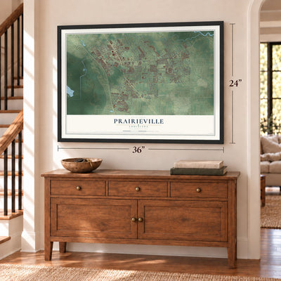 Prairieville, Louisiana map, 24 x 36 inch print in a black frame above a dresser by a staircase