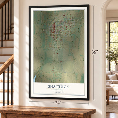 Shattuck, Oklahoma map, 24 x 36 inch print in a black frame by a staircase