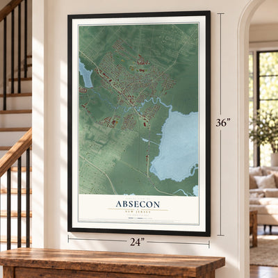 Absecon, New Jersey map, 24 x 36 inch print in a black frame by a staircase