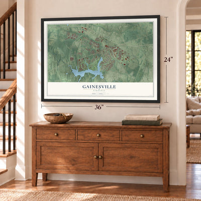 Gainesville, Virginia map, 24 x 36 inch print in a black frame above a dresser by a staircase