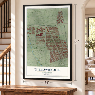 Willowbrook, California map, 24 x 36 inch print in a black frame by a staircase