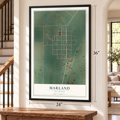 Marland, Oklahoma map, 24 x 36 inch print in a black frame by a staircase