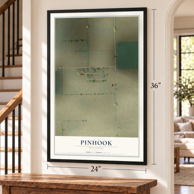 Pinhook, Missouri map, 24 x 36 inch print in a black frame by a staircase