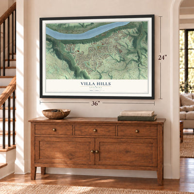 Villa Hills, Kentucky map, 24 x 36 inch print in a black frame above a dresser by a staircase