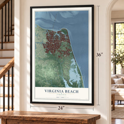 Virginia Beach, Virginia map, 24 x 36 inch print in a black frame by a staircase