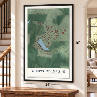 Wildwood (NPU-H), Georgia map, 24 x 36 inch print in a black frame by a staircase