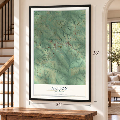 Ariton, Alabama map, 24 x 36 inch print in a black frame by a staircase