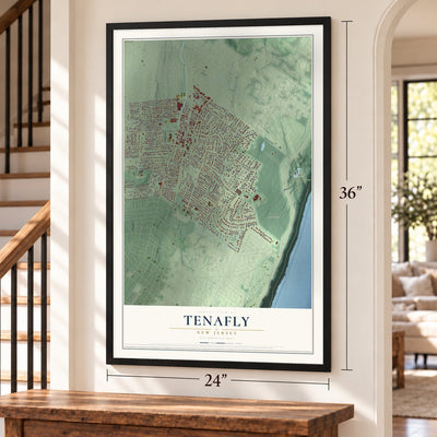 Tenafly, New Jersey map, 24 x 36 inch print in a black frame by a staircase