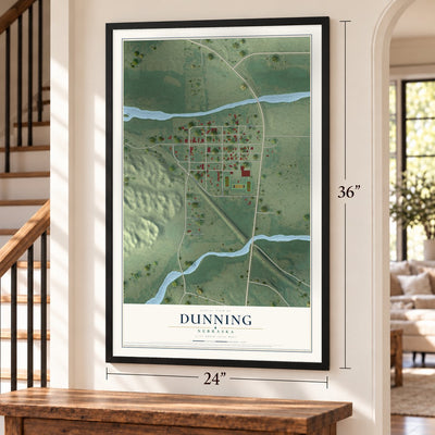 Dunning, Nebraska map, 24 x 36 inch print in a black frame by a staircase