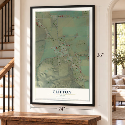 Clifton, Idaho map, 24 x 36 inch print in a black frame by a staircase