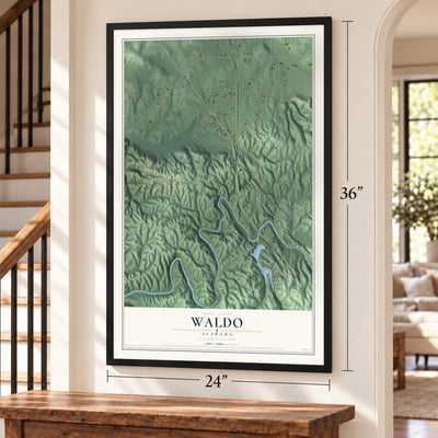 Waldo, Alabama map, 24 x 36 inch print in a black frame by a staircase