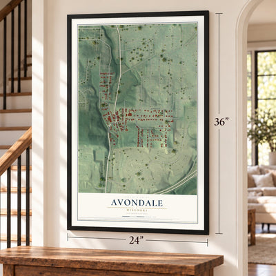 Avondale, Missouri map, 24 x 36 inch print in a black frame by a staircase