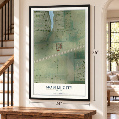 Mobile City, Texas map, 24 x 36 inch print in a black frame by a staircase
