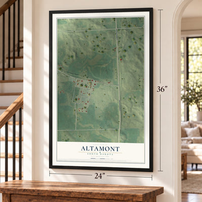 Altamont, South Dakota map, 24 x 36 inch print in a black frame by a staircase