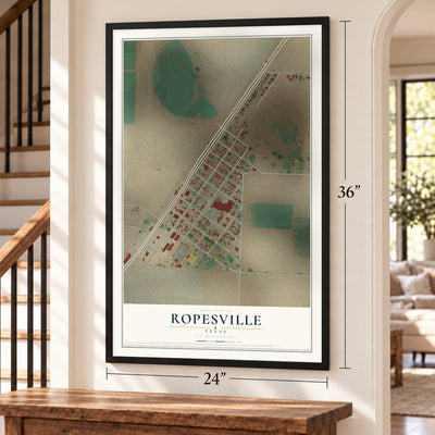 Ropesville, Texas map, 24 x 36 inch print in a black frame by a staircase