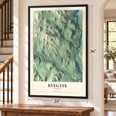 Ryegate, Vermont map, 24 x 36 inch print in a black frame by a staircase