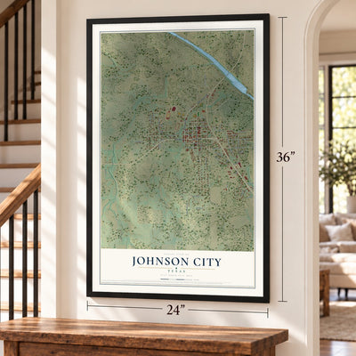 Johnson City, Texas map, 24 x 36 inch print in a black frame by a staircase