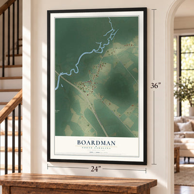 Boardman, North Carolina map, 24 x 36 inch print in a black frame by a staircase