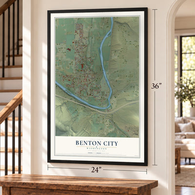 Benton City, Washington map, 24 x 36 inch print in a black frame by a staircase