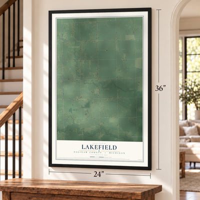 Lakefield, Saginaw County, Michigan map, 24 x 36 inch print in a black frame by a staircase