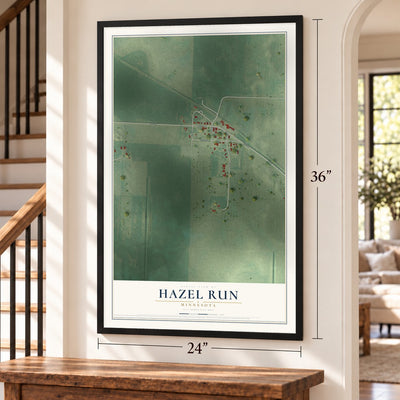 Hazel Run, Minnesota map, 24 x 36 inch print in a black frame by a staircase