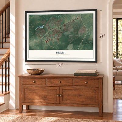 Bear, Delaware map, 24 x 36 inch print in a black frame above a dresser by a staircase