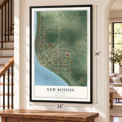 New Boston, Illinois map, 24 x 36 inch print in a black frame by a staircase