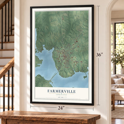 Farmerville, Louisiana map, 24 x 36 inch print in a black frame by a staircase