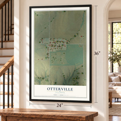 Otterville, Illinois map, 24 x 36 inch print in a black frame by a staircase