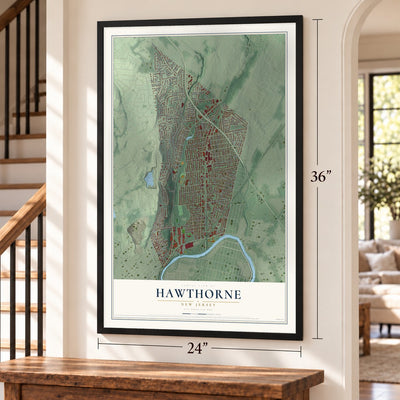 Hawthorne, New Jersey map, 24 x 36 inch print in a black frame by a staircase