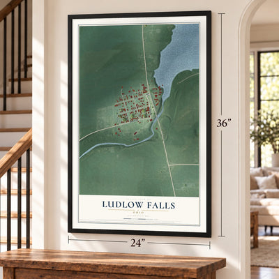 Ludlow Falls, Ohio map, 24 x 36 inch print in a black frame by a staircase