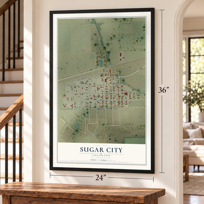 Sugar City, Colorado map, 24 x 36 inch print in a black frame by a staircase