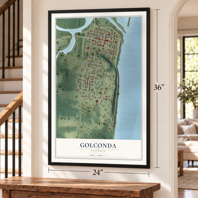 Golconda, Illinois map, 24 x 36 inch print in a black frame by a staircase