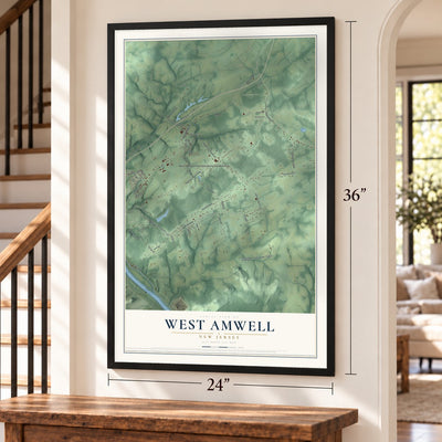West Amwell, New Jersey map, 24 x 36 inch print in a black frame by a staircase