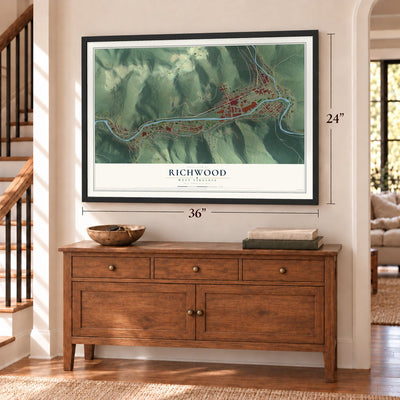 Richwood, West Virginia map, 24 x 36 inch print in a black frame above a dresser by a staircase